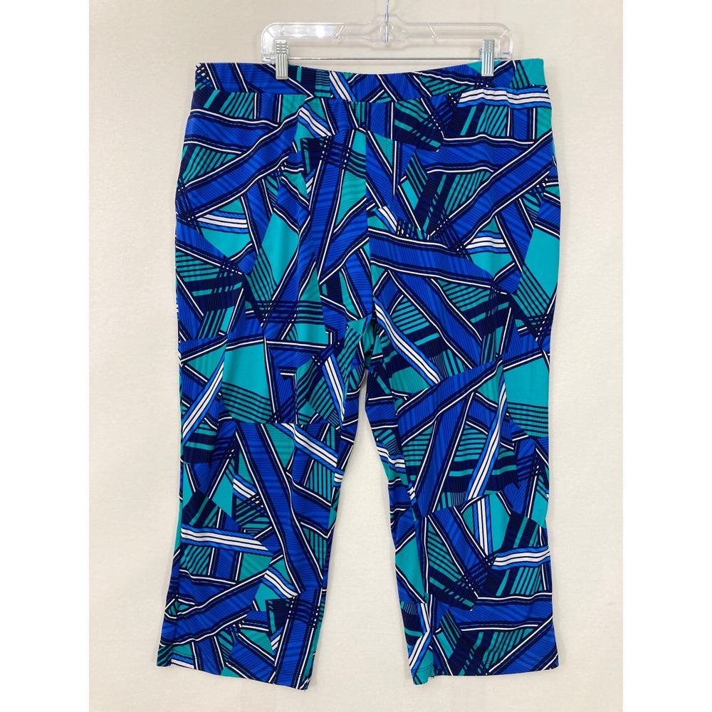 Susan Graver Crop Pants 1X Blue Geometric Liquid Knit Elastic Waist‎ Pull On
